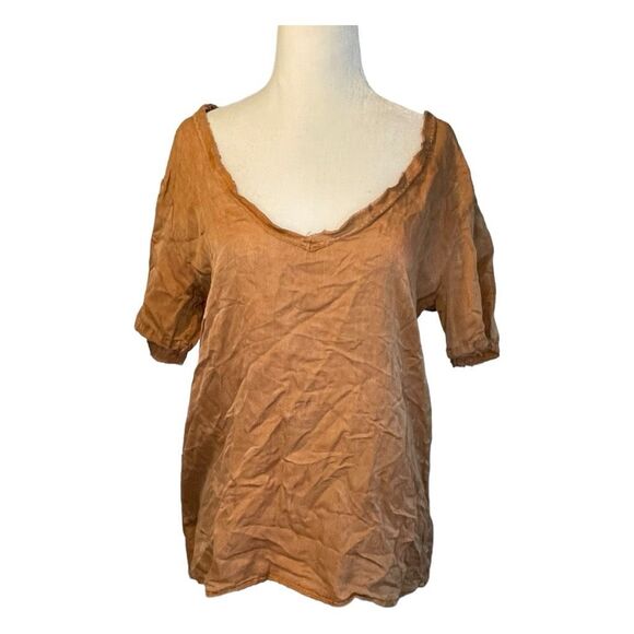 Project Social T Noelle Silk Top Cinnamon Brown V-Neck Short Sleeve Raw Edge S - Picture 1 of 7